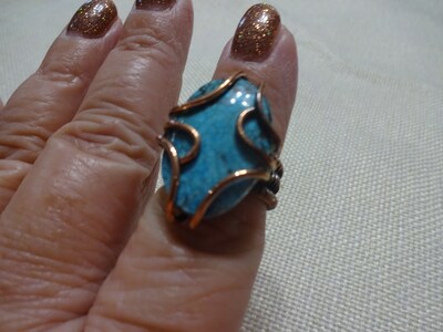 Rustic TURQUOISE Handmade COPPER WIRE WRAPPED Handmade Ring Size 7 491B - image2